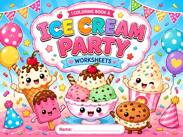 Ice Cream Party Coloring Book Worksheets | Cute Summer Coloring Pages | Kindergarten–3rd Grade