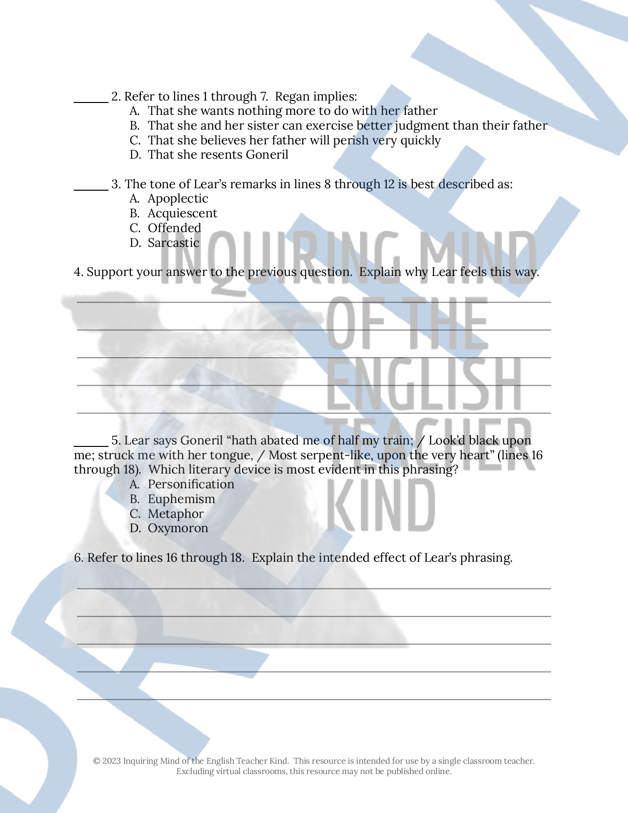 King lear act 2 scene 4 close reading inference worksheet teaching