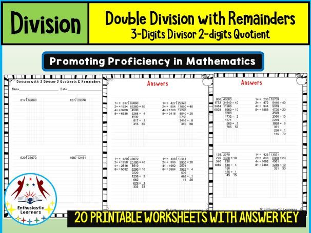 Double Division with Remainders – 3-Digit Divisor & 2-Digit Quotient Worksheets Math Problems