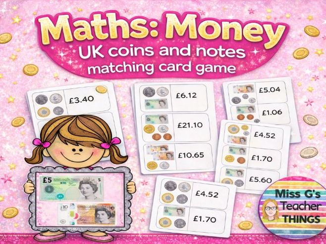 Maths: Dominoes for adding money: UK coins and notes matching card game