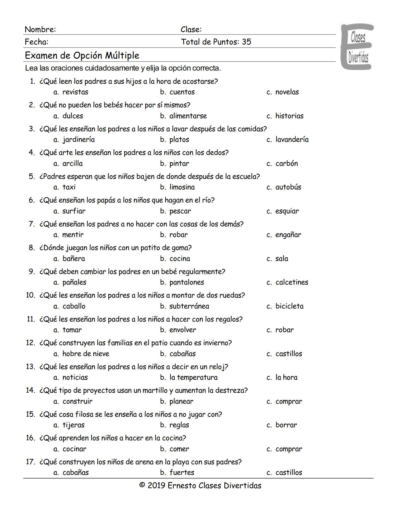 Parenting Activities Spanish Multiple Choice Exam Teaching Resources