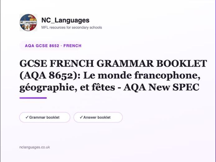 GCSE FRENCH GRAMMAR BOOKLET (AQA 8652): Le monde francophone, géographie, et fêtes - AQA New SPEC
