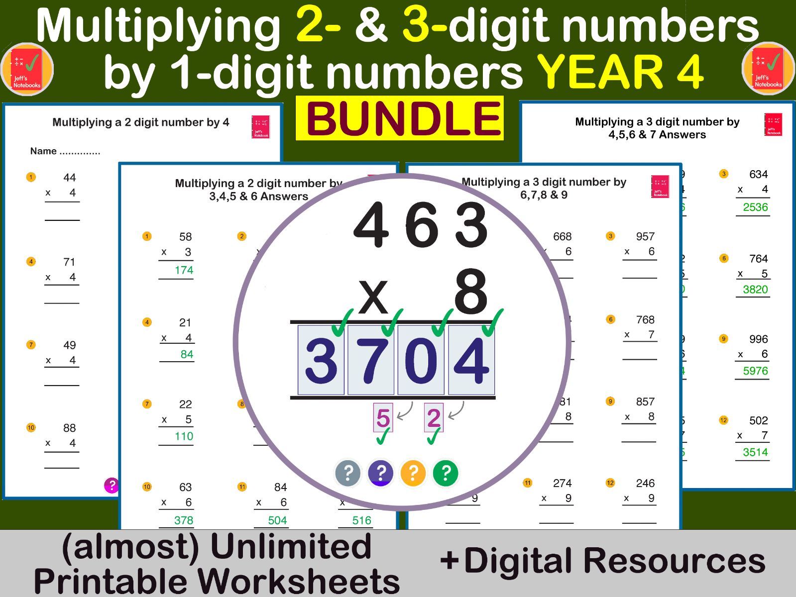 Multiply 2-Digit & 3-Digit Numbers by 1-Digit: Formal Method: KS2 Year 4 BUNDLE