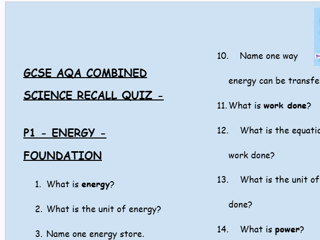 GCSE Physics P1 Energy – 30 Foundation Retrieval Questions | AQA | Low-Stakes Quiz + Answers