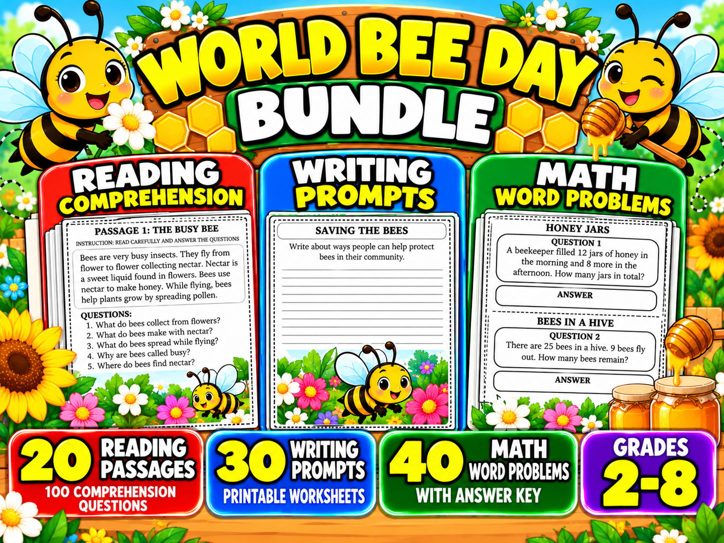 World Bee Day Bundle | Reading Comprehension, Writing Prompts and Math