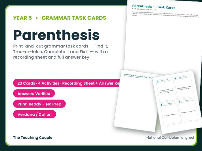 Year 5 Parenthesis Task Cards – 23 Grammar Cards + Answer Key