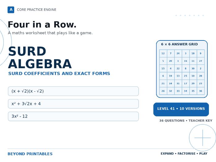 Surd Algebra Four in a Row | (x + √2)(x - √2) : Level 41 | 10 Maths Games