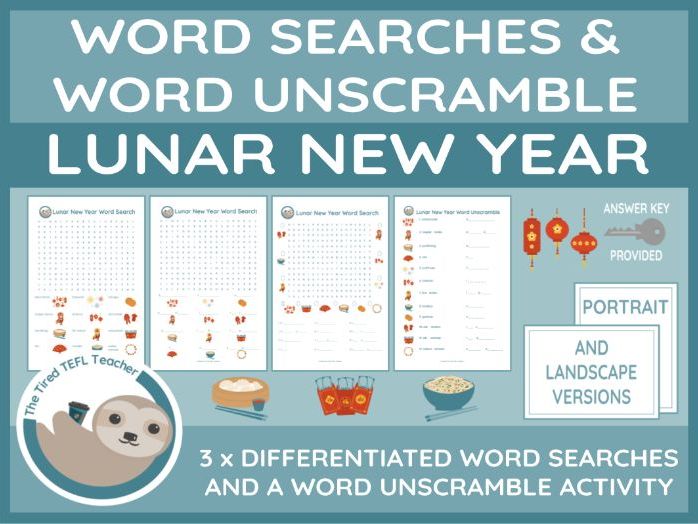 ESL Lunar New Year Differentiated Word Searches and Word Unscramble