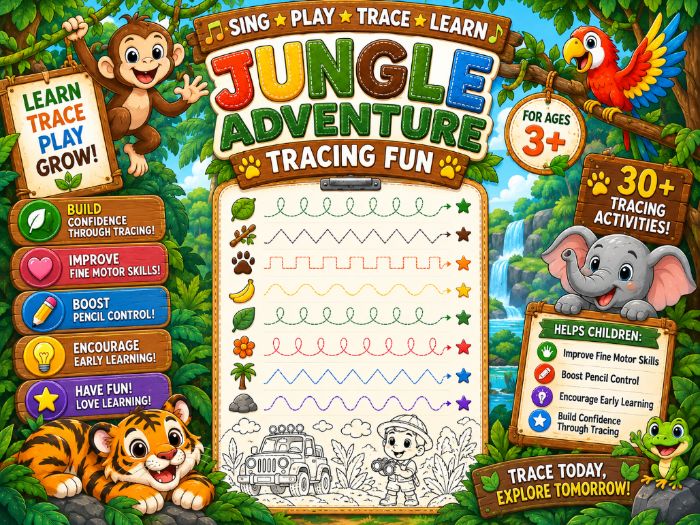 Jungle Adventure Tracing Worksheets | Fine Motor & Pre-Writing Activities | Preschool–Grade 1