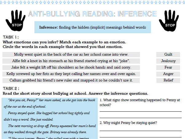 FREE Anti-Bullying English Reading Skills Inference Worksheet