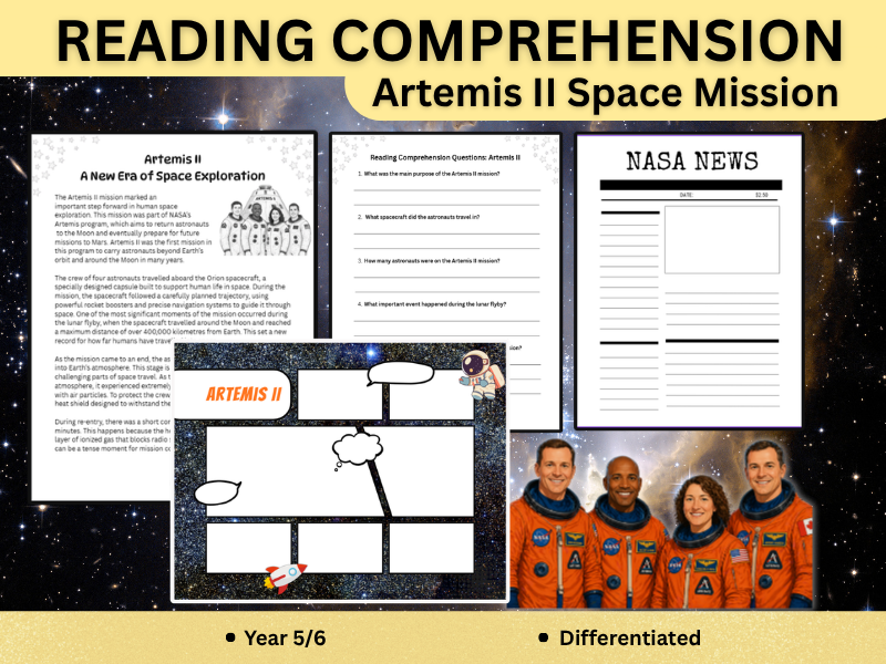 Artemis II Reading Comprehension & Newspaper Writing Task | Year 5/6 Space Lesson | Differentiated