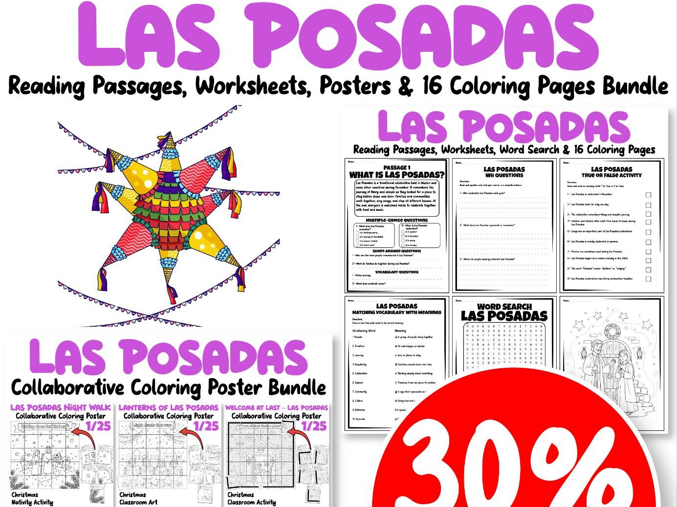 Las Posadas Reading Passages, Worksheets, Posters & 16 Coloring Pages Bundle