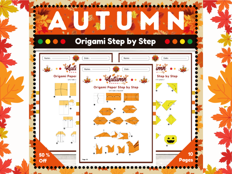 Autumn Origami Step by Step Instructions Cards : Easy Fall Paper Crafts for Kids