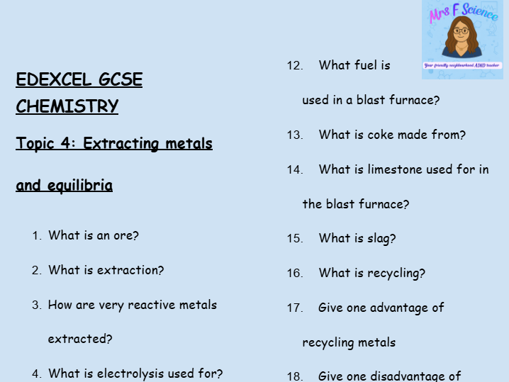 GCSE Edexcel Chemistry – Extracting Metals & Equilibria Worksheet (30 Retrieval Questions + Answers)