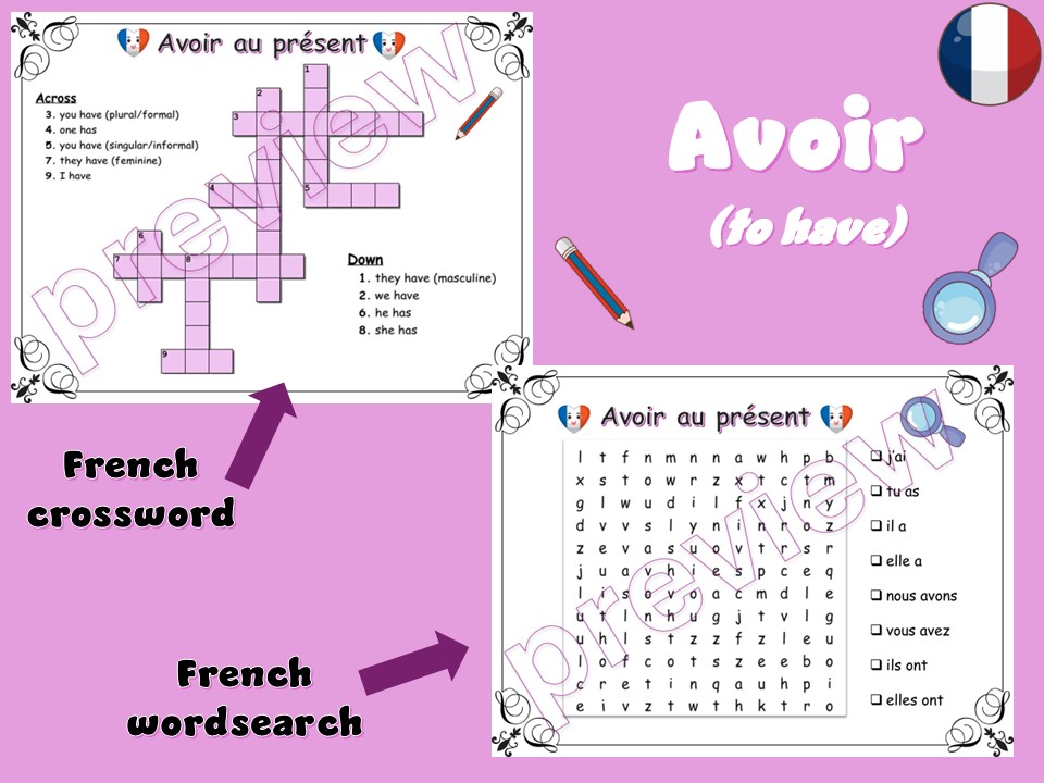 Avoir | To have | French | wordsearch | crossword