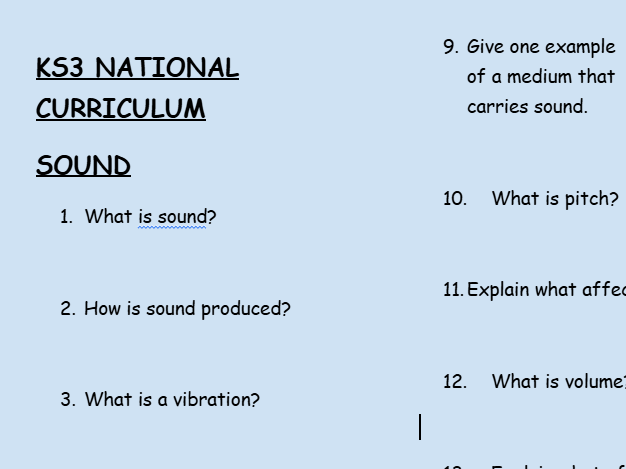 KS3 Physics: Sound – 30 Question Retrieval Worksheet