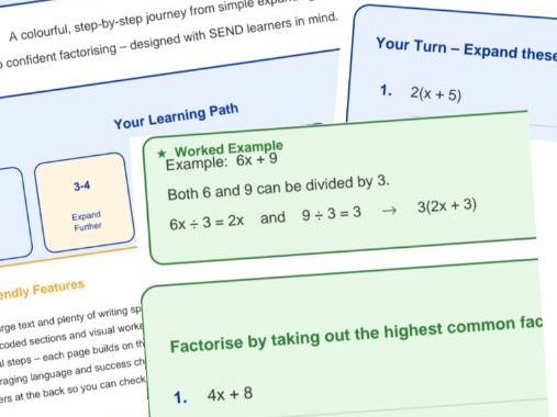 Expanding and Factorising Worksheets – Progressive Pack for KS2 to KS3 10-page printable PDF