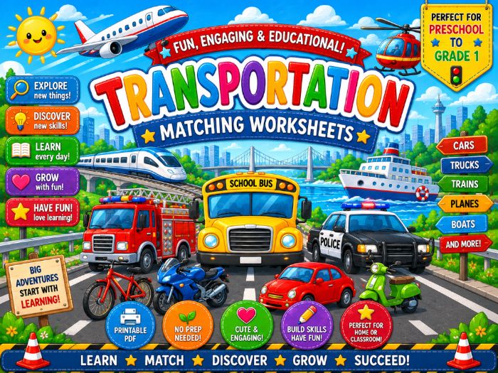 Transportation Matching Worksheets | Vehicle Preschool Math & Literacy Activities | Preschool–1