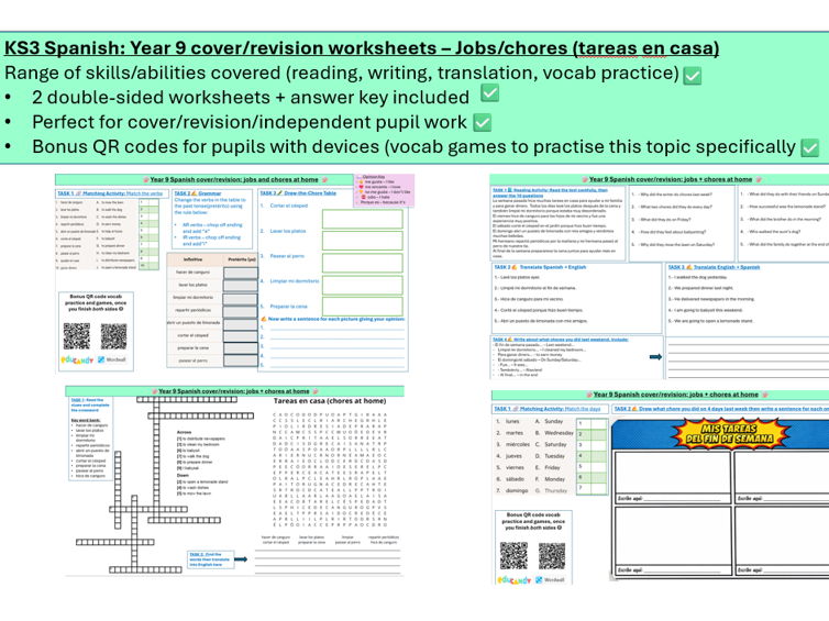 KS3 Spanish: Y9 jobs/chores at home (2xcover/revision/homework worksheets)