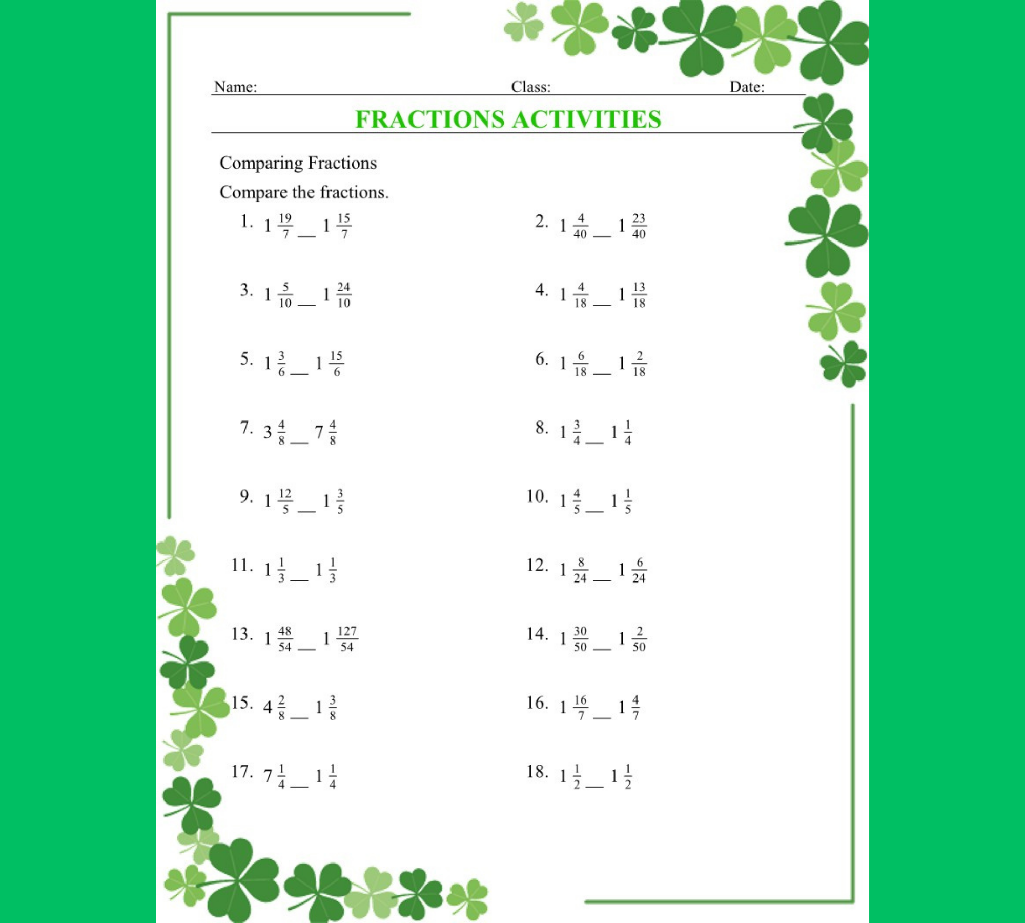 St. Patrick's Day Fractions Activiries Comparing, Ordering, And ...