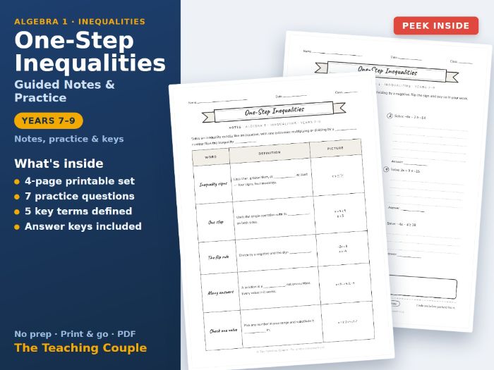 One-Step Inequalities Guided Notes & Practice + Answer Keys