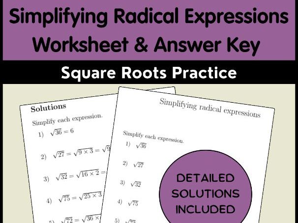 Simplifying Radical Expressions Worksheet & Answer Key | Square Roots Practice