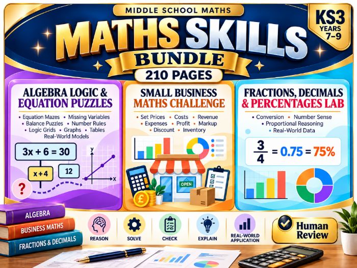 KS3 Maths Skills Bundle  Algebra, Fractions, Decimals, Percentages & Business Maths  210 Pages