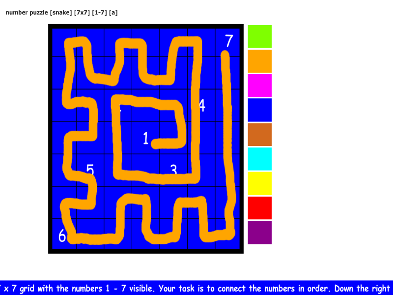 number puzzles [snake] [7x7 grid] [1-7] [a]