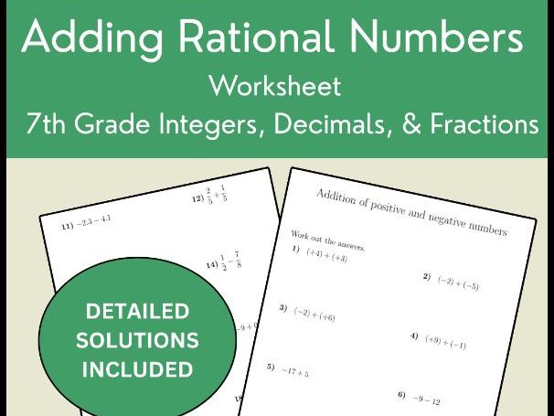Adding Rational Numbers Worksheet - 7th Grade Integers, Decimals, & Fractions