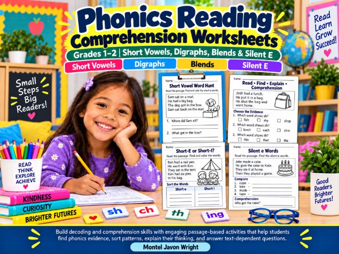 Phonics Reading Comprehension Worksheets Grades 1–2 | Short Vowels, Digraphs, Blends & Silent E