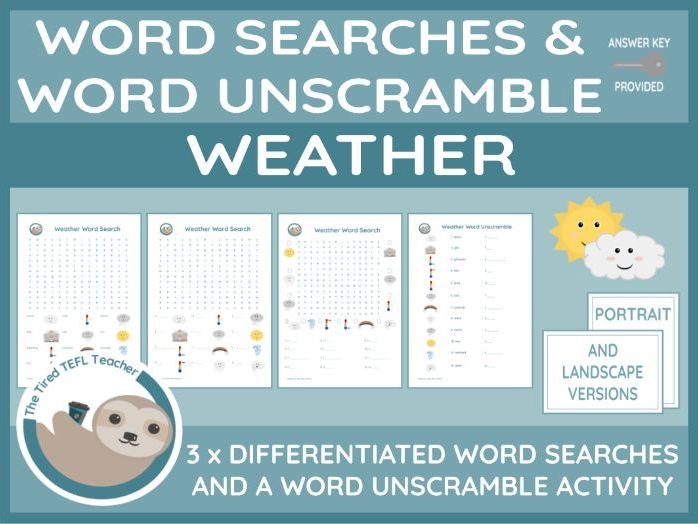 ESL Weather Differentiated Word Searches and Word Unscramble