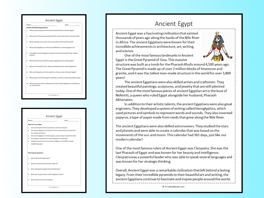Ancient Egypt Reading Comprehension Passage Printable Worksheet Teaching Resources