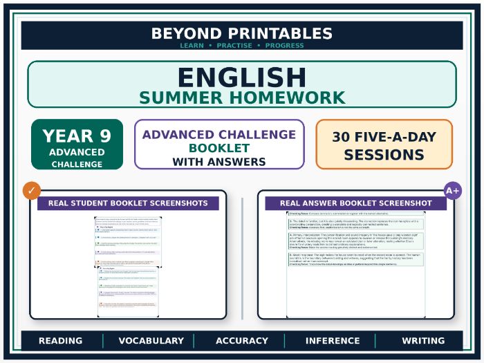 English Summer Homework Booklet Year 9 – Advanced Challenge | 30 Five-a-Day Sessions with Answers
