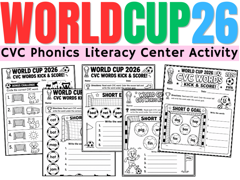 World Cup 2026 CVC Words Worksheets | Soccer Phonics Activities | Literacy Centers