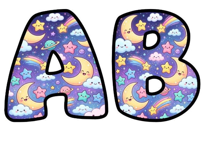 Moon and Stars Bubble Letters | Space Topic Bulletin Board Letters | Printable Alphabet A-Z and 0-9