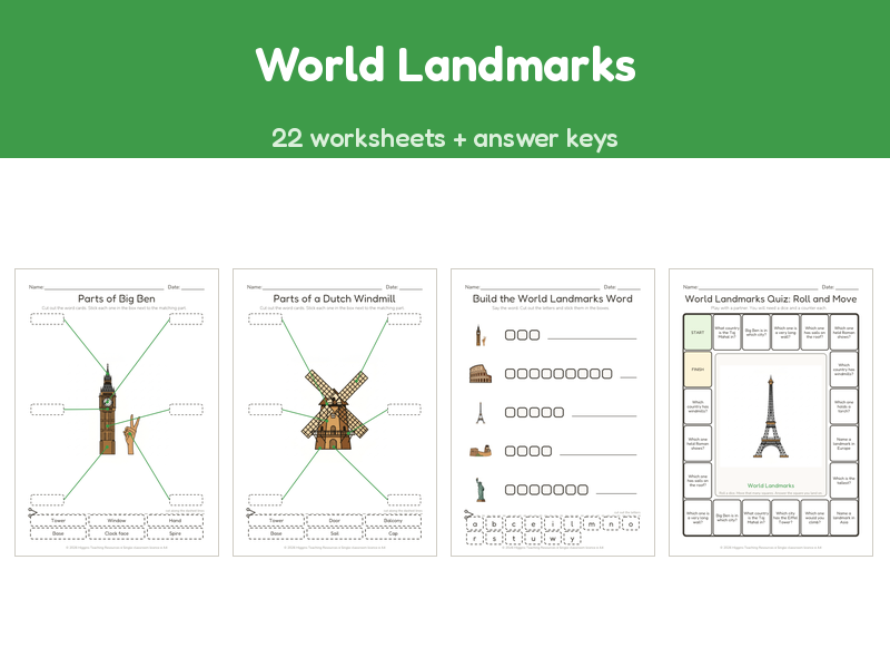 World Landmarks | 22 No-Prep Worksheets + Answer Keys | Ages 7-11
