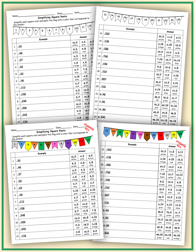 Simplifying Square Roots Coloring Activity  Teaching Resources With Simplify Square Roots Worksheet