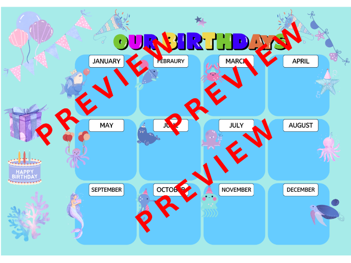 Birthday Chart Sea Animal Theme Editable