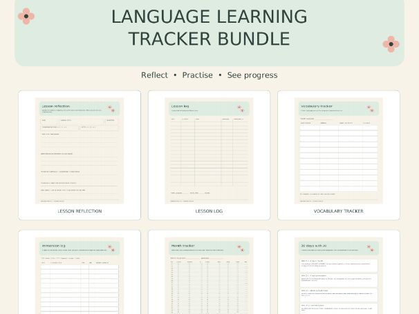 Language Learning Tracker Bundle | Lesson Reflection, Vocabulary, Immersion and AI Practice