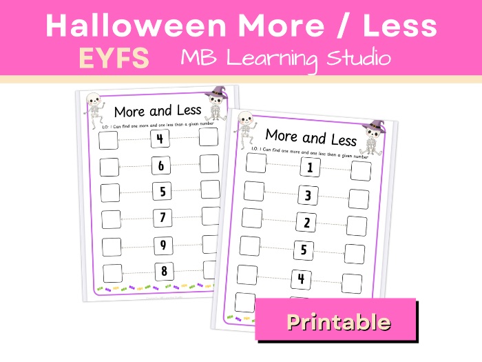 Halloween More and Less Worksheet – Early Number Sense Practice for EYFS, KS1
