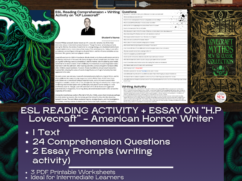 ESL Reading Comprehension + Writing Activity Worksheets - H.P Lovecraft - Horror