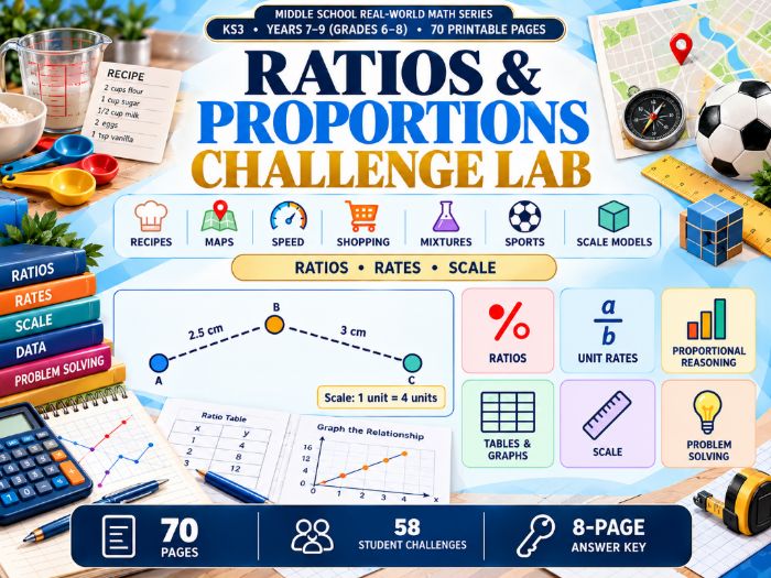 Ratios & Proportions Challenge Lab  KS3 Years 7–9  70-Page Maths Worksheets with Answers