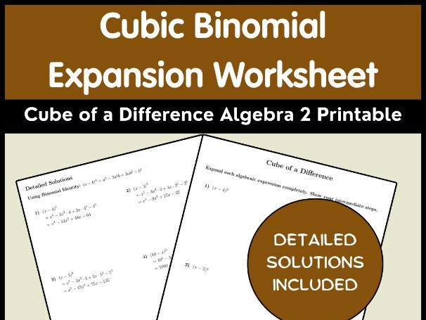 Cubic Binomial Expansion Worksheet | Cube of a Difference Algebra 2 Printable