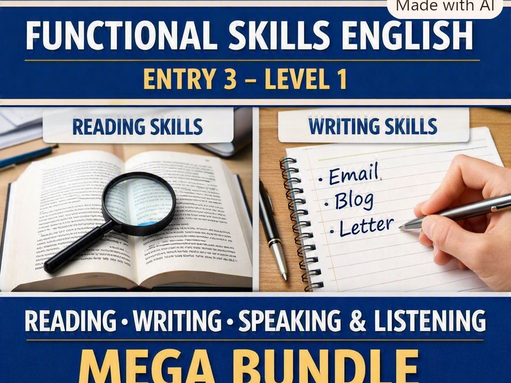 Functional Skills English Mega Bundle (Entry 3–Level 1): Reading, Writing & Speaking/Listening – Techniques, Practice Texts & Real‑Life Tasks