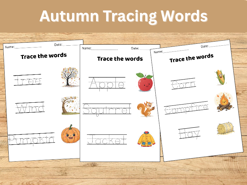 Autumn Tracing Words | Handwriting & Vocabulary Practice for EYFS & KS1 | Black & White Fall Theme