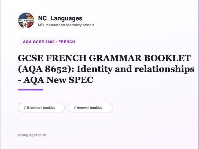 GCSE FRENCH GRAMMAR BOOKLET (AQA 8652): Identity and relationships - AQA New SPEC