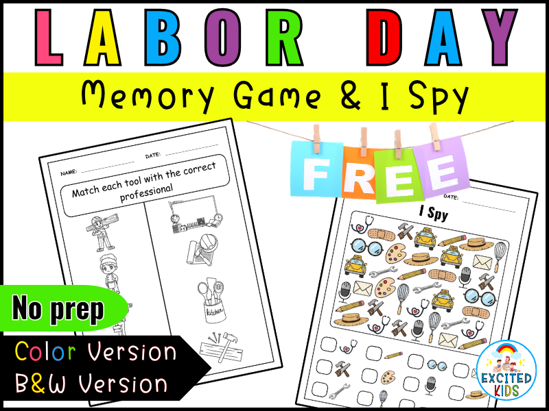 Labor Day Matching Game Worksheets & Community Helpers I Spy Activity, September