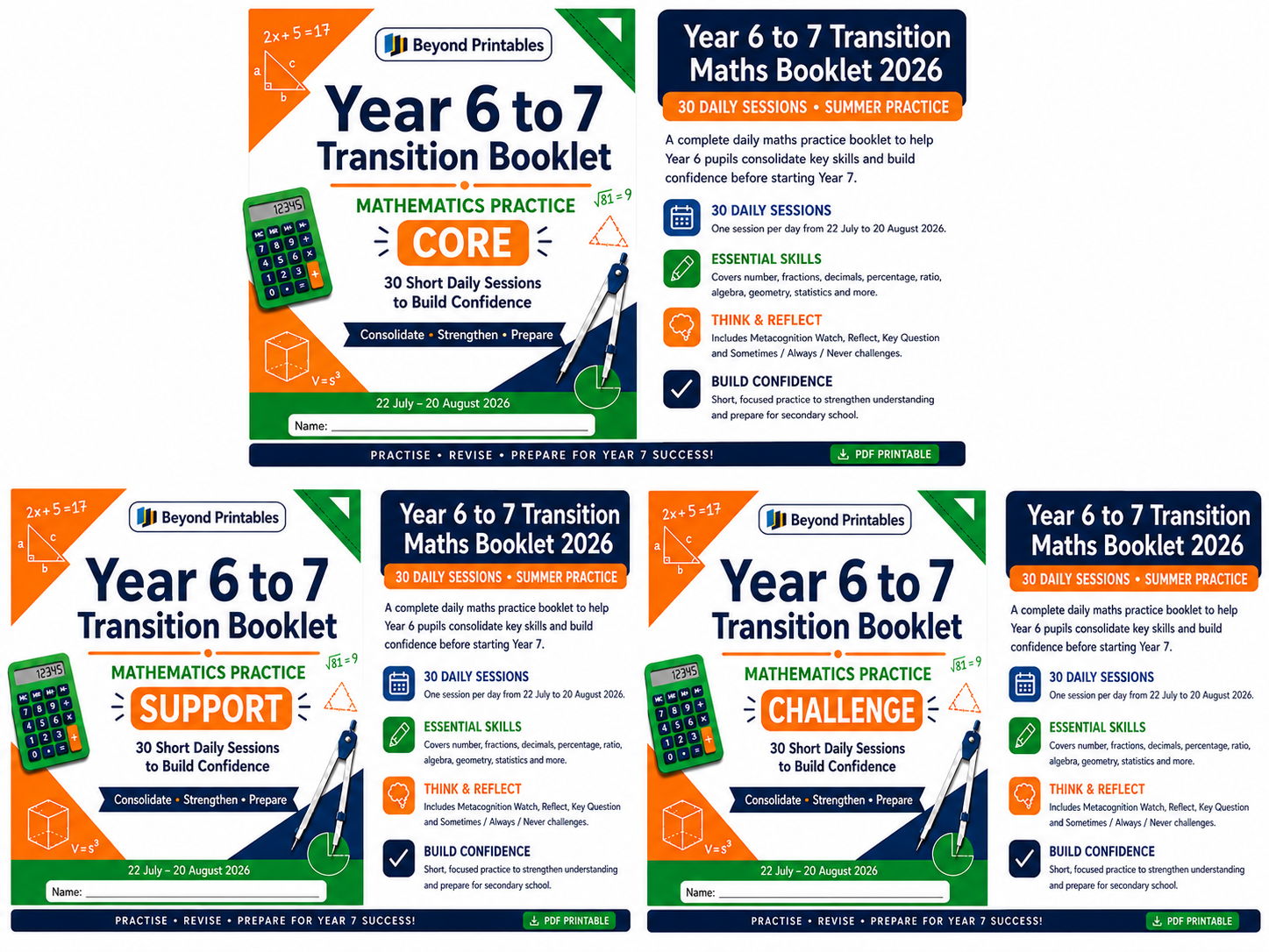 Year 6 to 7 Maths Transition Bundle 2026 | Support, Core & Challenge