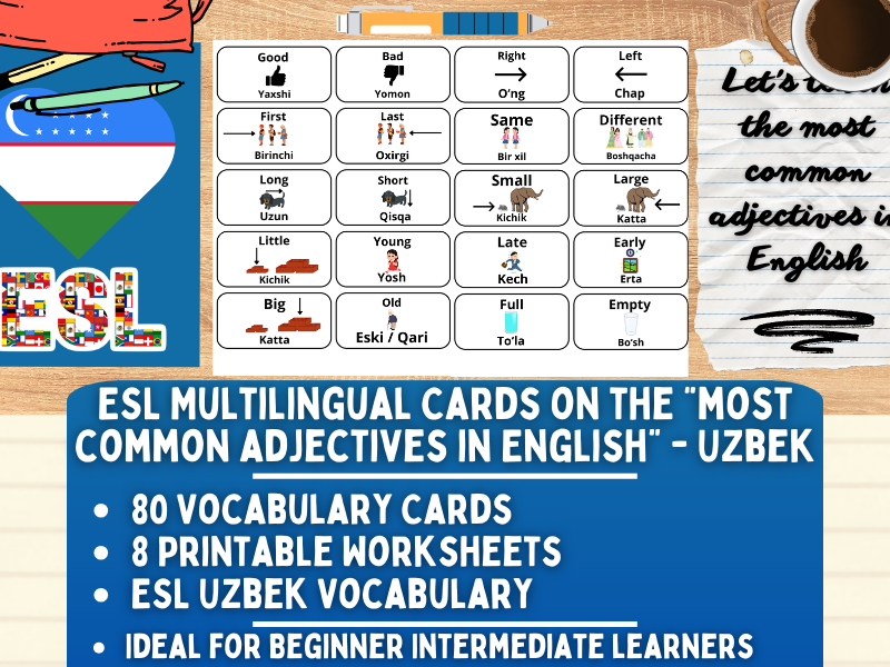 ESL Multilingual Vocabulary Flashcards - Most Common Adjectives - Uzbek