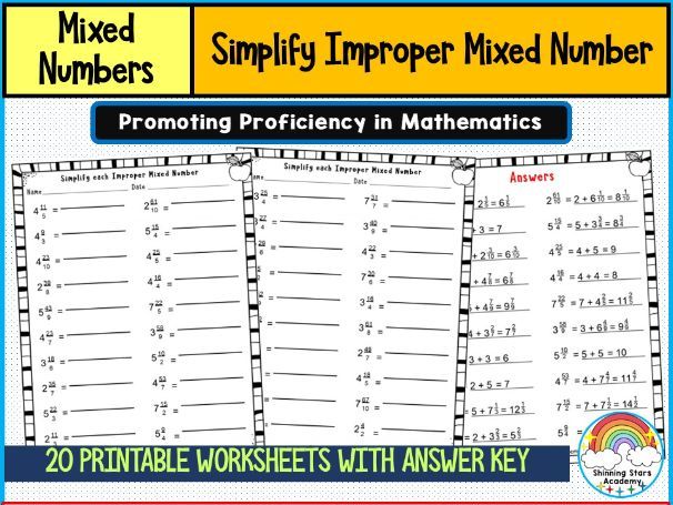 Simplify Improper Mixed Number Worksheets | Converting & Reducing Fractions Practice